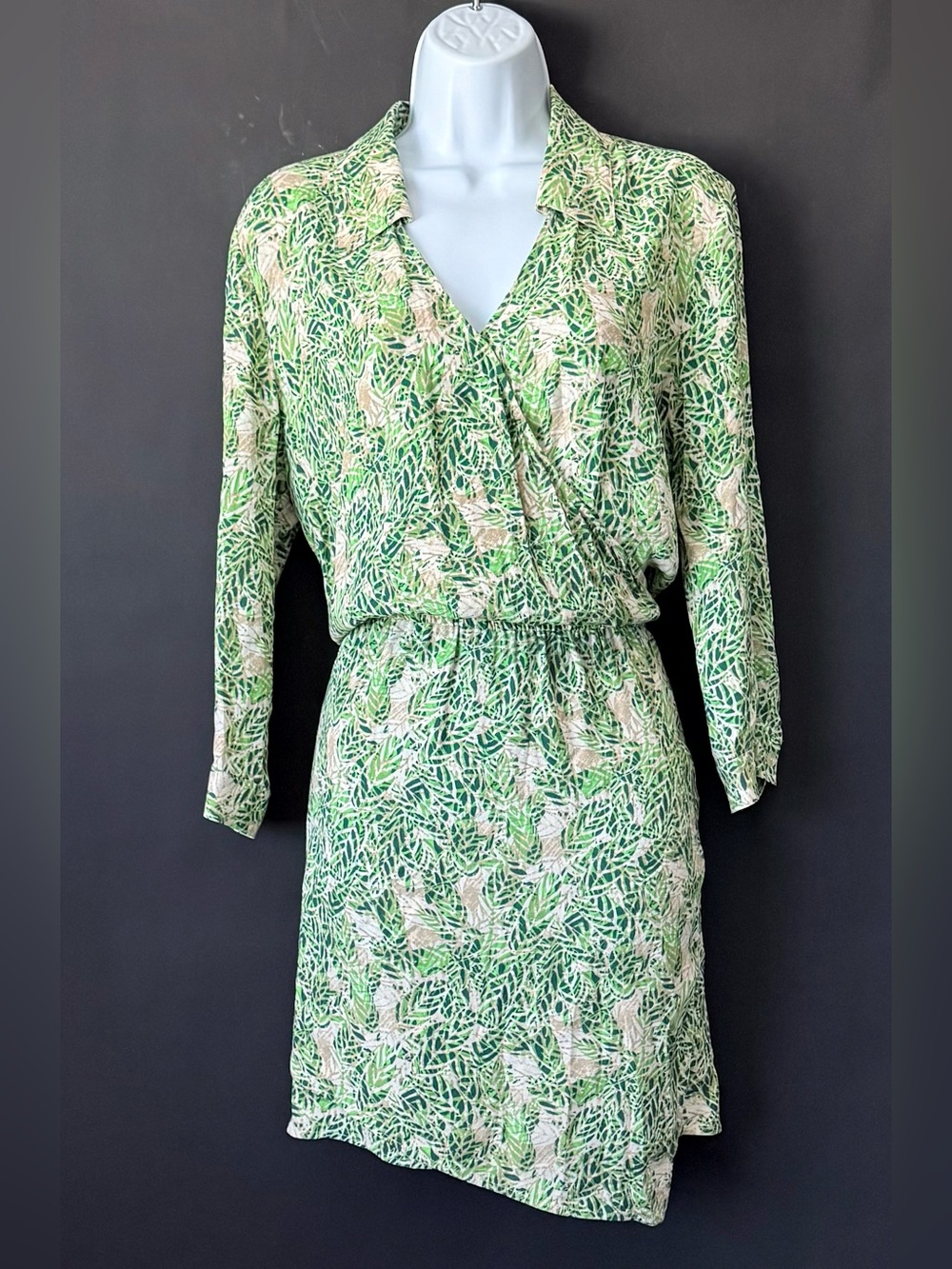CAbi leaf print faux wrap dress medium green and tan